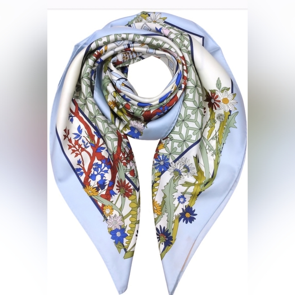 Tory Burch Meadow Folly Floral Pattern Light Blue Silk Scarf